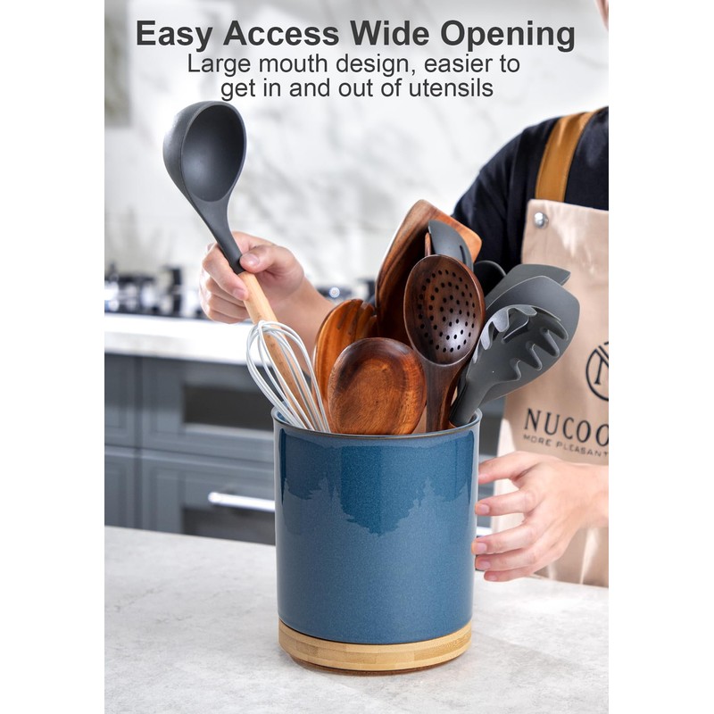 Nucookery 360°Rotating Utensil Holder, 7.2" Kitchen Utensil Crock, Ceramic Cooking