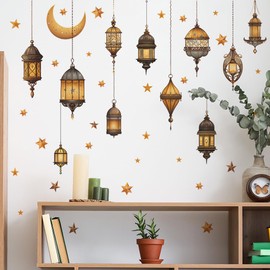 Ramadan Wall Decor Stickers, Islamic Muslim Wall Stickers Eid Mubarak Ramadan Decor Lantern Moon Star Window Decal Ramadan Decorations for Home Living Room Bedroom Decorations Wallpaper