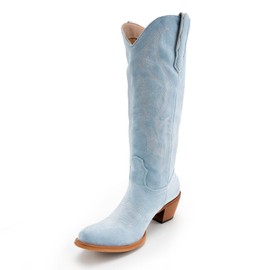 KaroNairy Women Cowboy Boots Faux Suede Embroidered Pointed Thick Heeled Western Wide Calf Cowgirl Ponited Toe Mid Calf Boots Sky Blue6