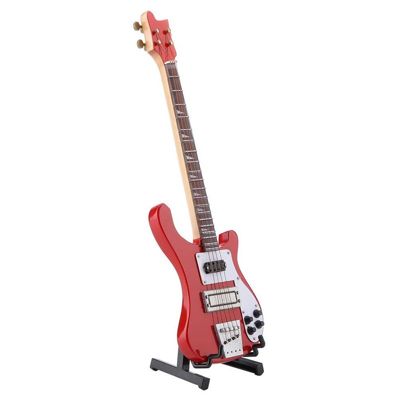 Hilitand Red Miniature Bass Guitar Wood Replica Model Ornament with