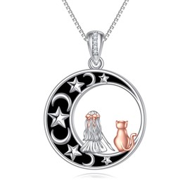 YAFEINI Cat Necklace Sterling Silver Cat on the Moon Pendant Necklace Jewellery Gifts for Women, Gold, Onyx