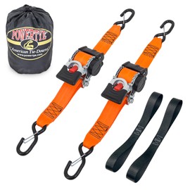 PowerTye 2 inch x 10 Foot Retractable Heavy-Duty Ratchet Tie-Downs w/Latch Hooks, Plus Soft-Tyes and Storage Bag - 800 lb Working Load Limit - Orange (Pair)