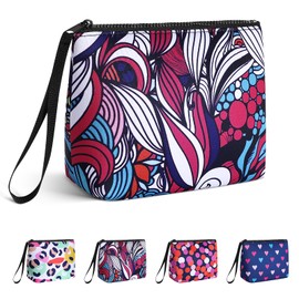 Playexen Large Makeup Bag with Handle, Portable Cosmetic Bag for Purse, Washable Neoprene Makeup Travel Pouch for Women (Colorful Plant)