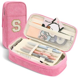GIFTOXO Preppy Pencil Case for School Supplies, Large Initial Pencil Pouch with Zipper, Cute Pencil Bag for Office Supplies, Pink Aesthetic Pen Case Box for Kids Teen Girls Adults - S