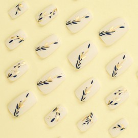 LBPEPAMZ 24Pcs Medium Square Press on Nails Jade White Color Chinese Style Fake Nails Gold Blue Leaves Design Nails Full Cover Uñas Postizas Spring Summer Matte False Nails for Women Daily Wear