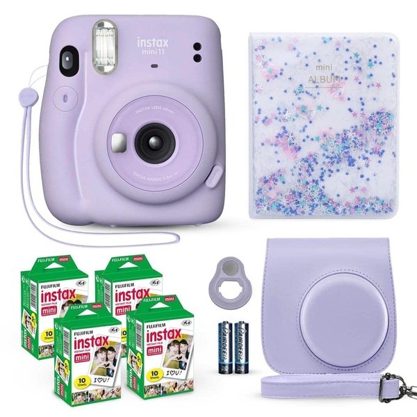 Fujifilm Instax Mini 11 Instant Camera Lilac Purple + Fuji Film Value Pack (40 Sheets) + Shutter Accessories Bundle, Incl. Compatible Carrying Case, Quicksand Beads Photo Album 64 Pockets