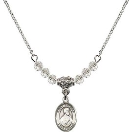 Bonyak Jewelry 18 Inch Rhodium Plated Necklace w/ 4mm White April Birth Month Stone Beads and Saint Thomas The Apostle