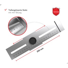 BAUHELD Marking Gauge Metal 200 mm - Scribing Tool Made of Chrome-plated Steel - Precise DIY Thanks to Deep Lasered Measuring Scale - Try Square with Hardened Marking Edge - Painting Gauge Wood Tool