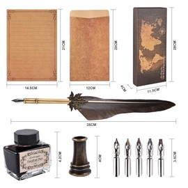 GOLDGE Quill Feather Pen, Antique Dip Quill Pen Calligraphy Writing Ink Pen, Feather Fountain Pen Set with 5 Replacement Nibs, Ink, Pen Holder, 8 Writing Papers and 4 Envelopes