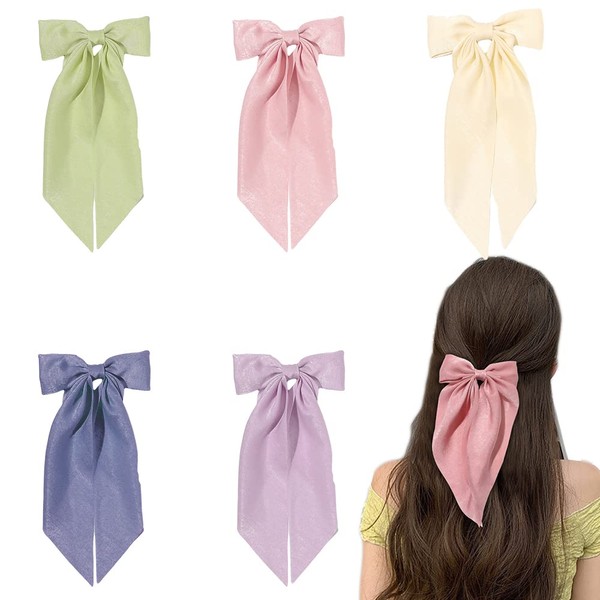 Silk Satin Long Bow Hair Barrettes with Ribbon Bow Hair Clips For Women, Big Alligator Hair Bow Clips for Women and Girls (5pcs - mix color b)
