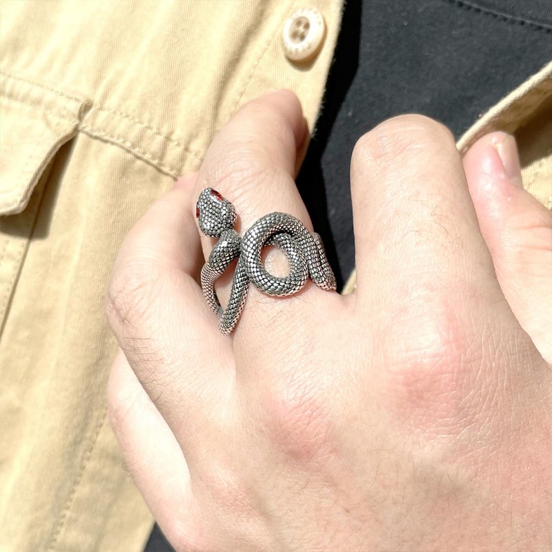THJEW Unisex Antique Silver Wrap Snake Ring,Cool Retro S925 Sterling