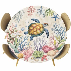 Nautical Turtle Round Tablecloth Fitted Table Cover, Elastic Tablecloths Waterproof Outdoor Indoor Stretch Cloth Tablecover for Dinner, Party, Shower, Vintage Coastal Summer Coral Beach Ocean 55-60IN