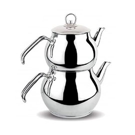 DESTALYA Turkish Teapot Set Midi, Stainless Steel Double Tea Pots for Stove Top, Tea Maker with Handle, Samovar Style Self-Strained Tea Kettle, Water Heater Warmer (Midi with Metal Handles)