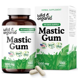 Wild & Organic Mastic Gum Capsules - 1000 mg Mastic Gum Resin Supplement for Gut Support - 90 Days of Supply - 180 Vegan Capsules - No Fillers, Non-GMO, Gluten-Free