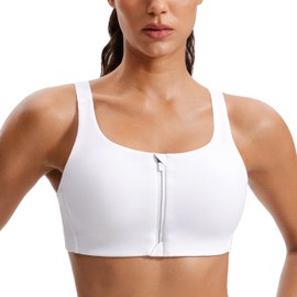 CRZ YOGA Womens Zip Front High Impact Sports Bra - Molded Cup Adjustable Convertible Straps Wireless Workout Yoga Crop Top White 36C
