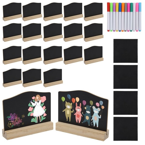 20 Pack Mini Wooden Chalkboard Signs with Bases - Double-Sided