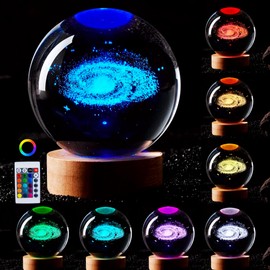 3D Galaxy Crystal Ball Lamp,3.15 Inch K9 Crystal Ball Night Light with Wooden Base,16 Colors Changing Light with Dimmable Remote Control,3D Laser Engraving Holographic Lamp (Galaxy)