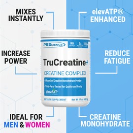PEScience PEScience TruCreatine+ Creapure Creatine Monohydrate Powder, Micronized Creatine with ElevATP, 5g Per Serving, for Men & Women, Supports Muscle Growth, Strength & Recovery, 90 Servings