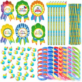 Fainne 276 Pcs Happy Birthday Gifts Set for Kids Students Classroom Includes 36 Happy Birthday Pencils with Cupcake Erasers 120 Rubber Bracelets 120 Badge Stickers Classroom Reward Kit Party Supplies