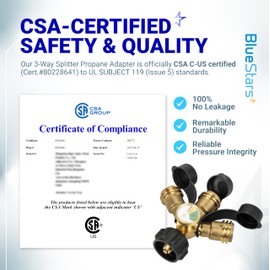 BlueStars Upgraded 3-Way Propane Splitter Connector QCC/POL with Gauge & Shut-Off Valve – Propane Tank Splitter, 3 Y Propane Gas Adapter for RV Grills Heaters, Camping Stoves, BBQ Griddles Burners