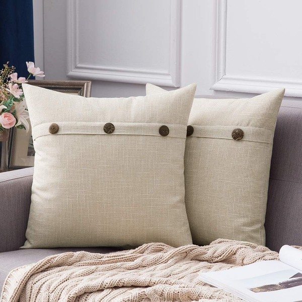 Miulee Set of 2 Linen-Look Home Cushion Covers Decorative Cushion Cover Linen Single-Coloured Cushion Covers for Sofa Bedroom Car Bed Decor with Buttons, Milk-white, 40x40cm