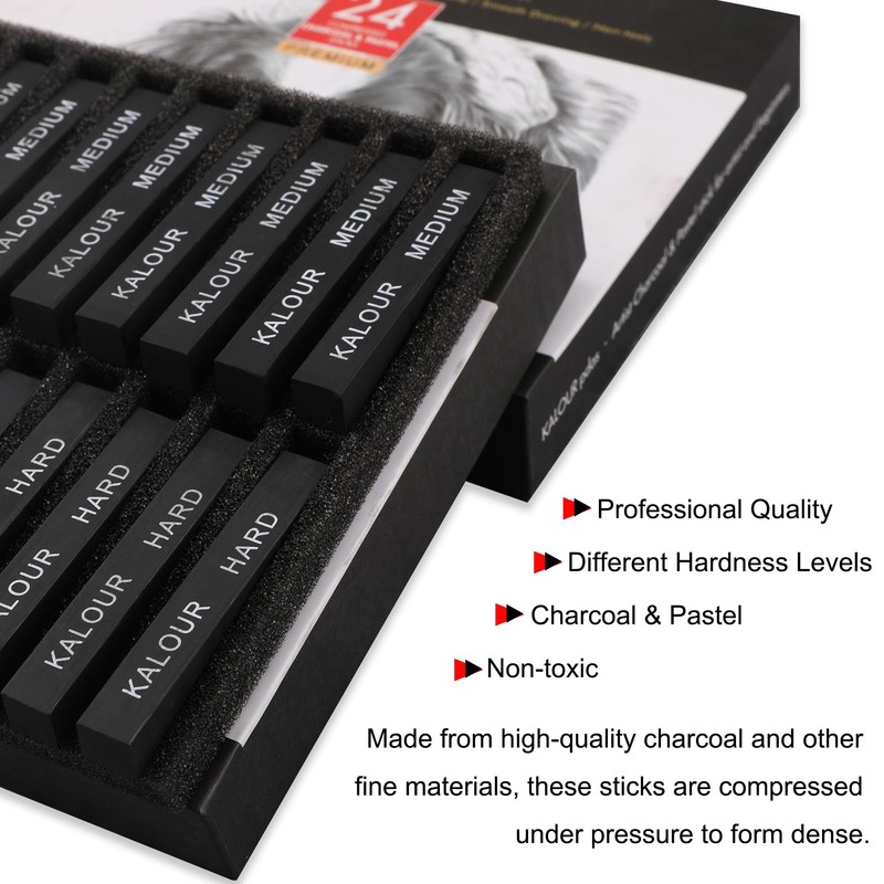 KALOUR 24 Pro Charcoal Drawing Set - Soft,Medium,Hard Charcoal and