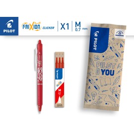 PILOT - Set of 1 FriXion Clicker + 1 set of 3 refills - Erasable pen with push mechanism and heat-sensitive ink - Refillable and comfortable - Red - Medium tip