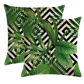 ULOVE LOVE YOURSELF 2Pack Tropical Green Leaves Throw Pillow Cover with Geometric Background Home Decorative Square Cushion Covers Cotton Linen Home Decor Palm Pillowcase 18 X 18 Inch(Palm Tree)