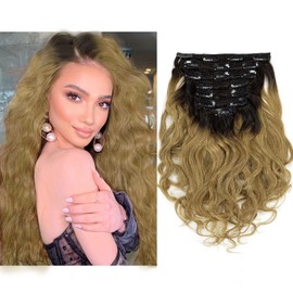 Caliee Natural Wave Human Hair Curly Clip in Hair Extensions Ombre Natural Black Fading into Strawberry Blonde Clip Ins 16Inch 120G Remy Human Hair Extensions for Black Women 7Pcs