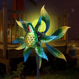 Solar Wind Spinner Outdoor Metal Kinetic Wind Spinners with LED Lighting Glass Ball Hummingbird Wind Spinner with Stake Decorative Windmill for Yard Lawn Garden Patio Decor