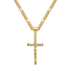 Jemant Crucifix Cross Necklace For Men Women Stainless Steel Silver 18k Gold Plated 3mm 20inch Figaro Chain Trendy Jesus Cross Pendant Necklace Baptism Christian Easter Prayer Jewelry Gift (Gold)