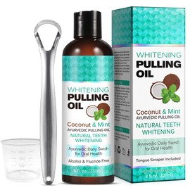 Coconut Oil Pulling for Fresh Breath and Oral Hygiene - Ayurvedic Expert Formulated | Supports Healthy Gums | Natural Teeth Whitening - Includes Tongue Scraper and Measuring Cup - 8 fl. oz