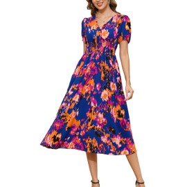 Kormei Women Casual Boho V Neck Short Sleeve Smocked Waist A Line Pocket Swing Midi Long Dress XL Navy Floral