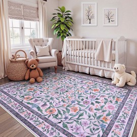Collive Purple 5x7 Area Rug, Floral Machine Washable Rug for Bedroom Girls, Boho Non Slip Soft Ultra Thin Throw Indoor Rugs for Living Room Nursery Kids Playroom Dorm Dining Room