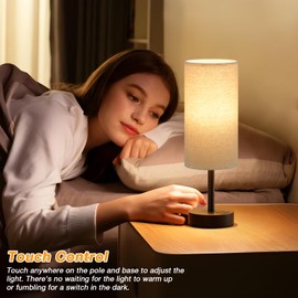 Beige Touch Lamp for Bedroom with USB - 3 Way Dimmable Table Lamp for Nightstand, Small Lamp with Black Charging Station for Desk Dorm, Office, Nursery