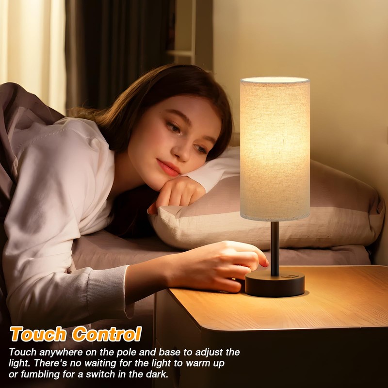 Beige Touch Lamp for Bedroom with USB - 3 Way
