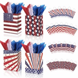 LANCU 30PCS Patriotic Gift Bags with Handles 4th of July Gift Bags with Tissue Paper Gift Bags American Flag Bag for Independence day Memorial Day Veterans Day Party Favor Bags
