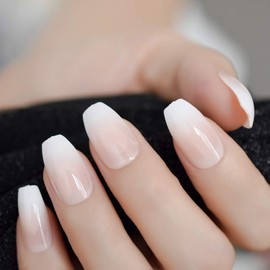 CoolNail Pink Nude White Ombre French Ballerina Coffin False Nails Gradient Natural Manicure Press on Fake Nails Tips Daily Office Finger Wear