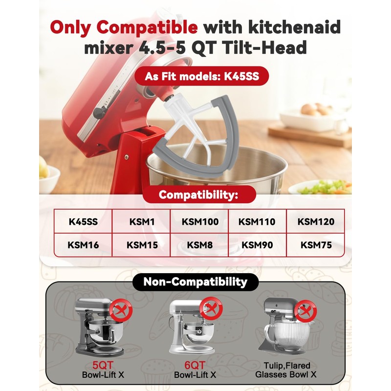 Flex Edge Beater Paddle for KitchenAid 4.5-5QT Tilt-Head Stand Mixer