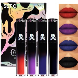 Aseawave 4Pcs Dark Red Purple Blue Black Matte Liquid Lipstick Sets,Matte Lipstick Lip Stain Long Lasting 24 Waterproof Lip Gloss Gift Set Matt Liquid Makeup Lipstick for Women (Set C)