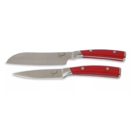 Emeril's Emeril 2 Piece Knife Set 5" Santoku 3.5" Paring Forged Steel Clad Emerilware - Red