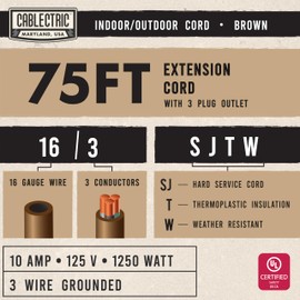Cablectric 75 ft Brown Outdoor Extension Cord 3 Outlet Triple Tap, 16/3 SJTW Heavy Duty 16 Gauge Exterior Extension Cord with Multiple Outlets 3 Prong, Weatherproof Cable for Landscaping, Deck, Patio