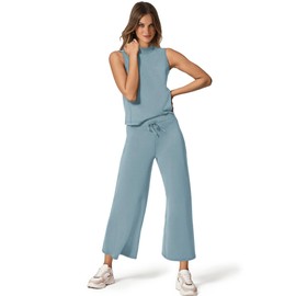 SAMPEEL SAMPEEL 2 Piece Set for Women Summer Outfits Vacation Trendy Lounge Sets Mock Neck Matching Sets Women Clothing Wide Leg Crop Pants Set Travel Airport Sweat Set