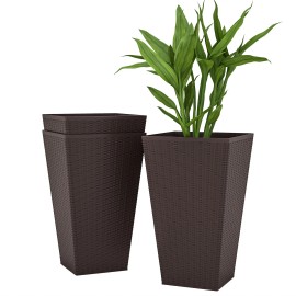 Set 3 24ft Tall Brown Rattan-Style Plastic Planters Drainage Hole Anti-Crack for Indoor Outdoor Office Flower Pots Planterscolor: Brown Color