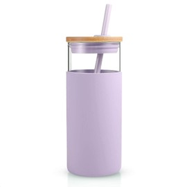Tronco 20oz Glass Tumbler Glass Water Bottle Straw Silicone Protective Sleeve Bamboo Lid - BPA Free (Light Purple/1 Pack)
