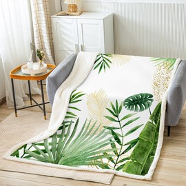 Feelyou Palm Leaf Fleece Throw Blanket Baby 30"x40" Tropical Leaves Plush Blanket for Bed Sofa Couch Leaf Pattern Sherpa Blanket Botanical Leaf Branches Fuzzy Blanket Leaf Branches