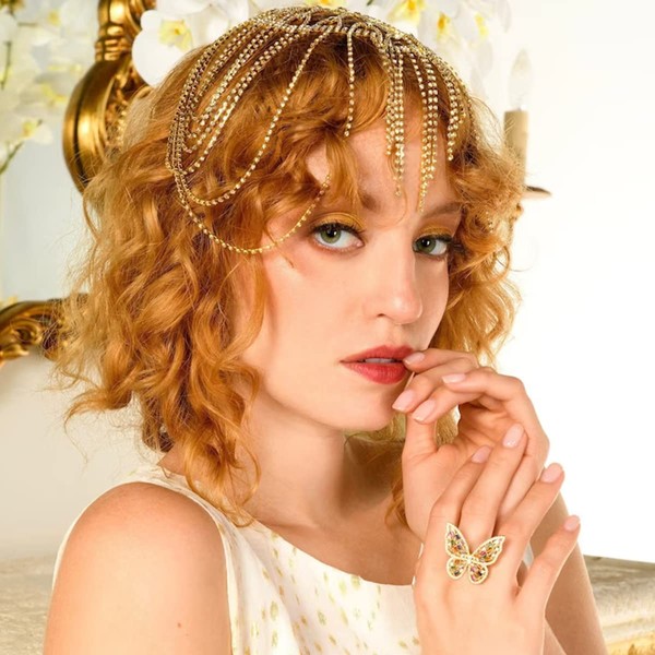 STONEFANS Tassel Rhinestone Cap Headpiece Flapper 1920s Roaring Crystal Head Chain Jewelry Gatsby Hair Accessories for Women (B-Silver)
