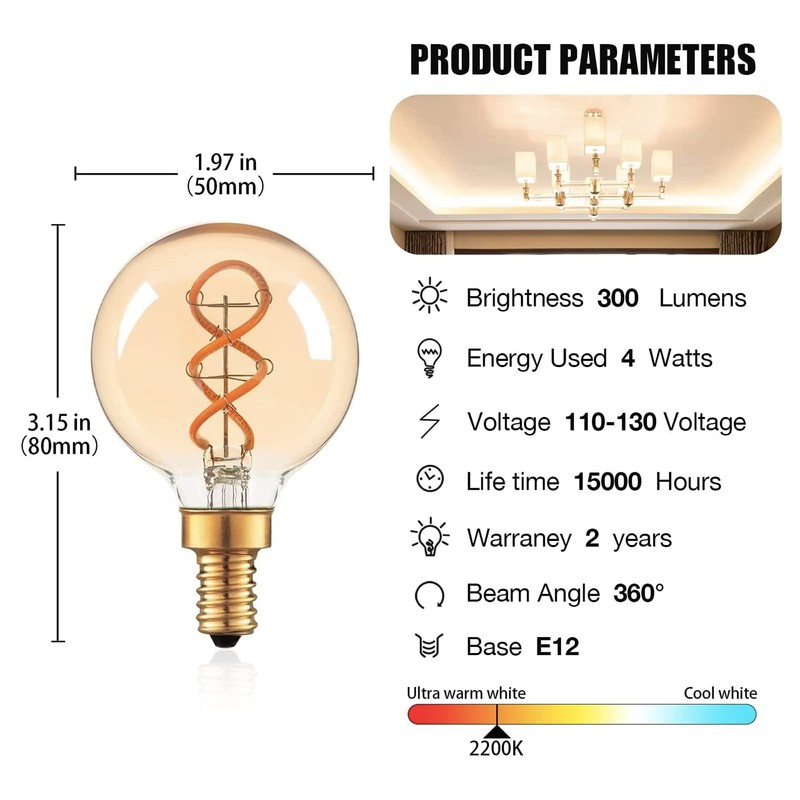 E12 Décor Globe g16.5 Candelabra Light Bulb 4W Dimmable ,