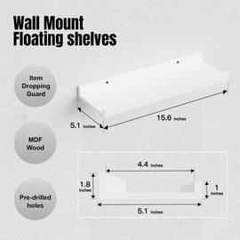 RICHER HOUSE 5 Set White Floating Shelves, Wall Mounted Shelves for Wall Decor, Modern Picture Ledge Shelf with Lip for Storage Nursery, Bedroom, Living Room, Bathroom - White