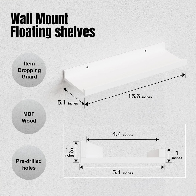 RICHER HOUSE 5 Set White Floating Shelves, Wall Mounted Shelves